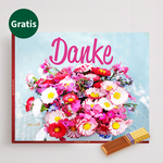 Danke-Set mit Blumenstrauß, Merci Schokolade, Grußkarte sowie mit Vase