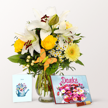 Danke-Set mit Blumenstrauß, Merci Schokolade, Grußkarte sowie mit Vase