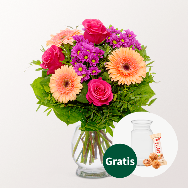 Blumenstrauß Sommerliebe mit Vase & Ferrero Giotto 3er