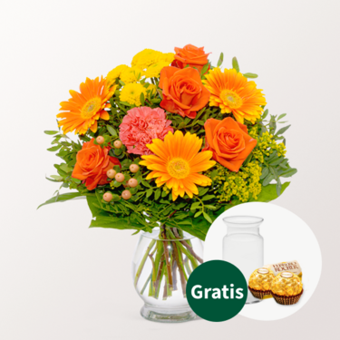 Blumenstrauß Sommerglühen mit Vase & 2 Ferrero Rocher