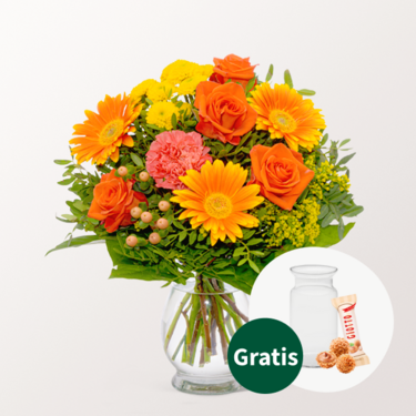 Blumenstrauß Sommerglühen mit Vase & Ferrero Giotto 3er