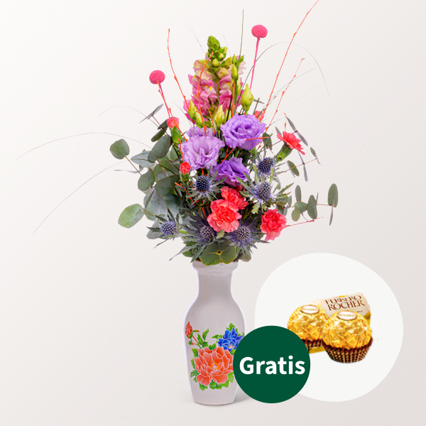 Blumenstrauß Frühlingstanz mit Vase & mit 2 Ferrero Rocher