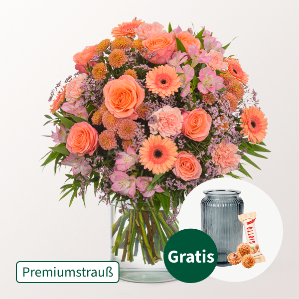 Premiumstrauß Blütenliebe mit Premiumvase & Ferrero Giotto 3er