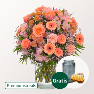 Premiumstrauß Blütenliebe mit Premiumvase & 2 Ferrero Rocher