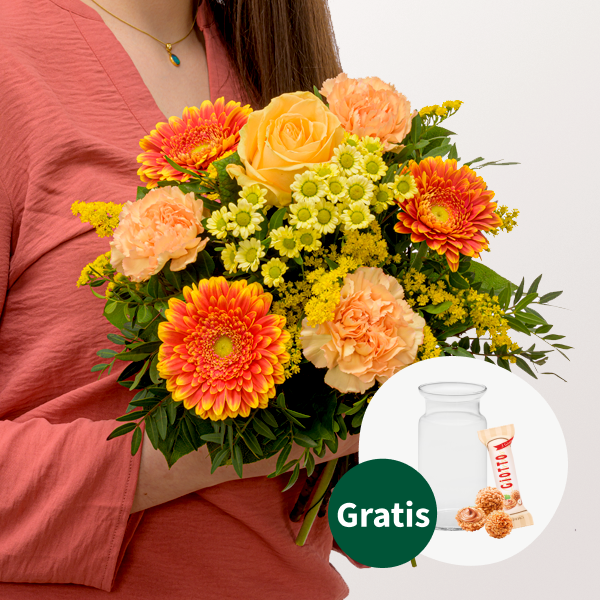 Blumenstrauß Frühlingsmelodie mit Vase & Ferrero Giotto 3er