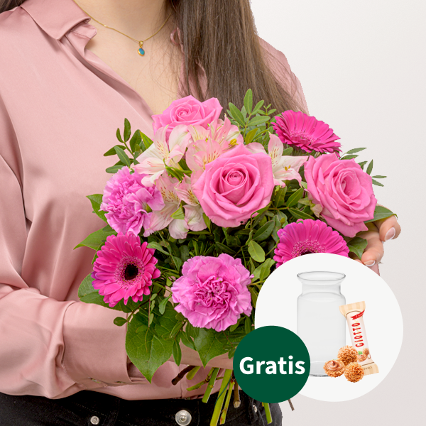 Blumenstrauß Frühlingsliebe mit Vase & Ferrero Giotto 3er