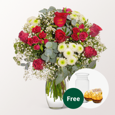 Flower Bouquet „Alles Liebe“ with vase & 2 Ferrero Rocher