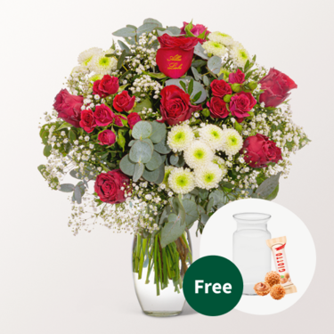 Flower Bouquet „Alles Liebe“ with vase & 3 Ferrero Giotto