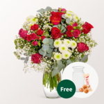 Flower Bouquet „Zum Geburtstag“ with vase & 3 Ferrero Giotto