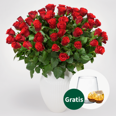 50 rote Valentinstags-Rosen im Bund mit Premiumvase & 2 Ferrero Rocher