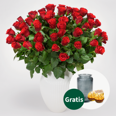 50 rote Valentinstags-Rosen im Bund mit Premiumvase & 2 Ferrero Rocher