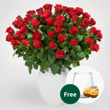 50 red Valentine's Day roses in a bunch with Premium Vase & 2 Ferrero Rocher