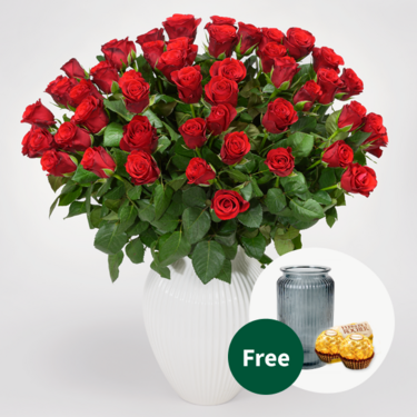 50 red Valentine's Day roses in a bunch with 2 Ferrero Rocher