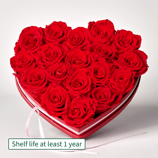 18 long-lasting red roses in a heart-shaped box