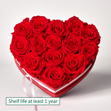 14 long-lasting red roses in a heart-shaped box