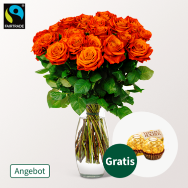 Orange Fairtrade Rosen im Bund mit 2 Ferrero Rocher