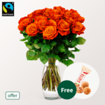 Orange Fairtrade roses in a bunch with 3 Ferrero Giotto