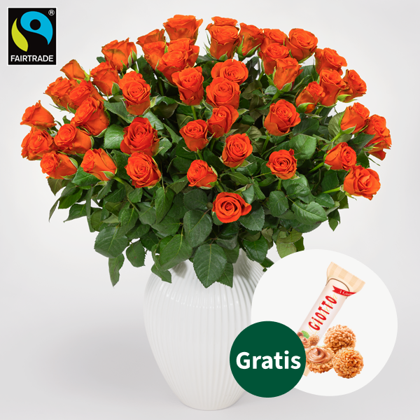 50 orange Fairtrade Rosen im Bund mit Ferrero Giotto 3er