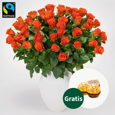 50 orange Fairtrade Rosen im Bund mit 2 Ferrero Rocher