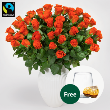 50 orange Fairtrade roses in a bunch with Premium Vase & 2 Ferrero Rocher