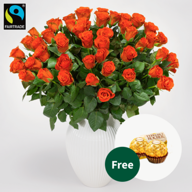 50 orange Fairtrade roses in a bunch with 2 Ferrero Rocher