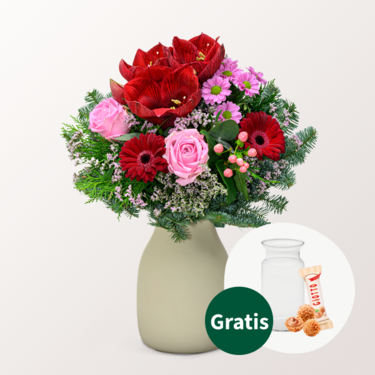 Blumenstrauß Winterglühen mit Vase & Ferrero Giotto 3er