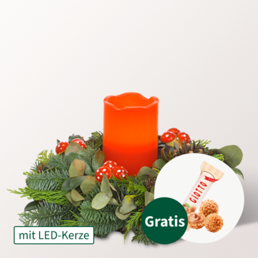 Adventsgesteck mit roter LED-Kerze mit Ferrero Giotto 3er