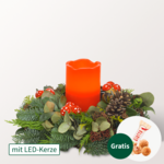 Adventsgesteck mit roter LED-Kerze mit Ferrero Giotto 3er