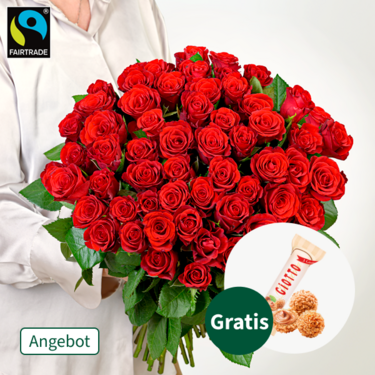 50 rote Fairtrade Rosen im Bund mit Ferrero Giotto 3er