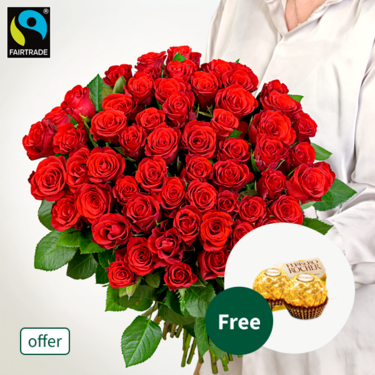Bunch of 50 red Fairtrade roses with 2 Ferrero Rocher
