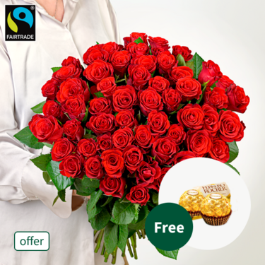 Bunch of 50 red Fairtrade roses with 2 Ferrero Rocher