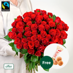 Bunch of 50 red Fairtrade roses with 3 Ferrero Giotto