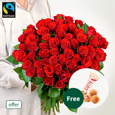 Bunch of 50 red Fairtrade roses with 3 Ferrero Giotto