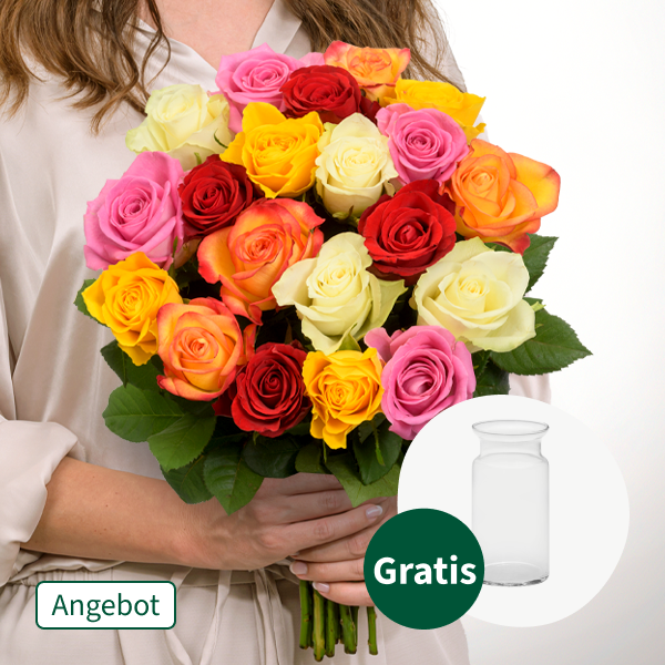 20er bunte Rosen im Bund mit Vase