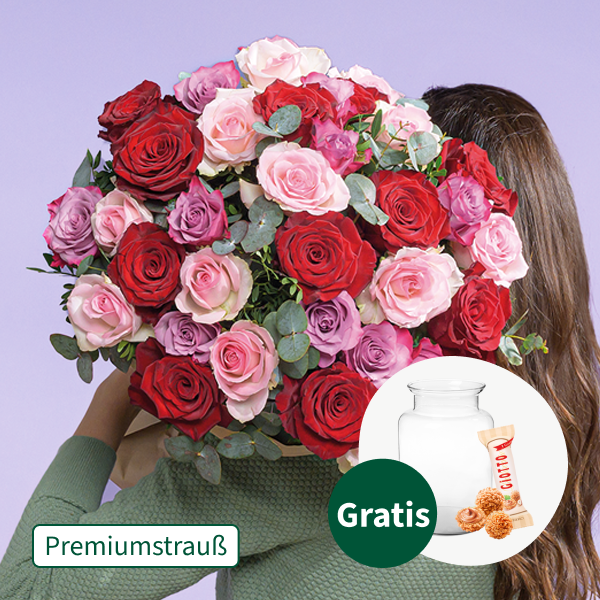 Premiumstrauß Lieblingsmensch mit Premiumvase & Ferrero Giotto 3er