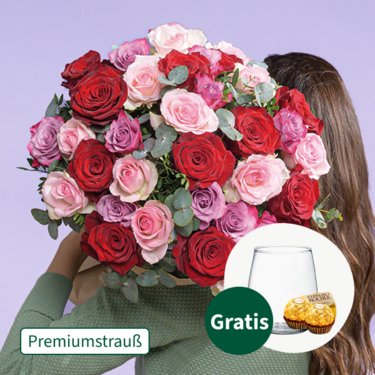 Premiumstrauß Lieblingsmensch mit Premiumvase & 2 Ferrero Rocher