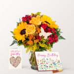 Birthday Set with Flower Bouquet, Merci Chocolate, Greeting Card and with Merci & vase