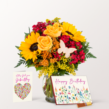 Birthday Set with Flower Bouquet, Merci Chocolate, Greeting Card and with Merci & vase