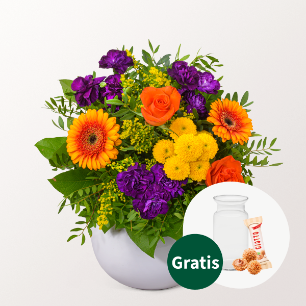 Blumenstrauß Goldener Herbst mit Vase & Ferrero Giotto 3er