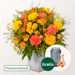 Premiumstrauß Herbstsonne mit Premiumvase & Ferrero Giotto 3er