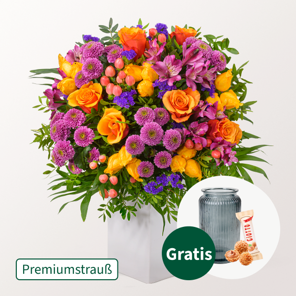 Premiumstrauß Herbsttanz mit Premiumvase & Ferrero Giotto 3er