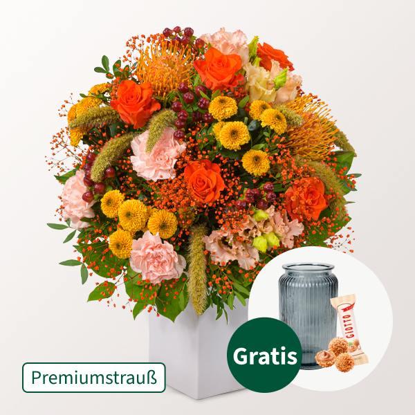 Premiumstrauß Herbststrahlen mit Premiumvase & Ferrero Giotto 3er