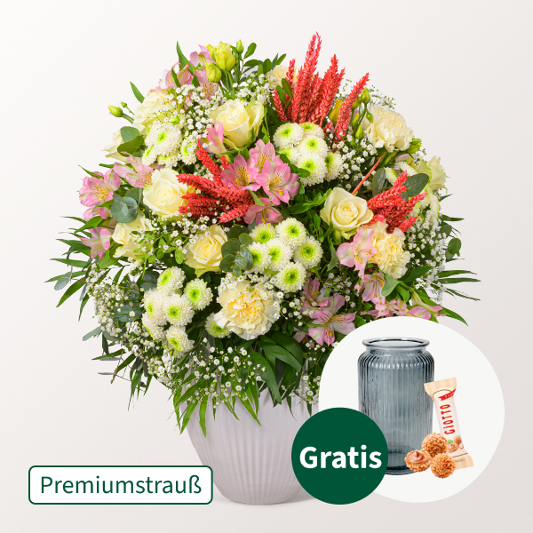 Premiumstrauß Herbsterwachen mit Premiumvase & Ferrero Giotto 3er