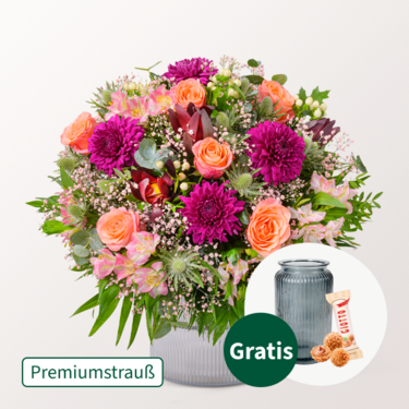 Premiumstrauß Blumenfreude mit Premiumvase & Ferrero Giotto 3er