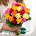 40 bunte Rosen im Bund mit Vase