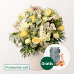 Premiumstrauß Ballade mit Premiumvase & Ferrero Giotto 3er