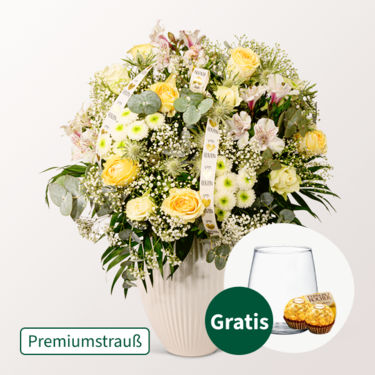 Premiumstrauß Ballade mit Premiumvase & 2 Ferrero Rocher