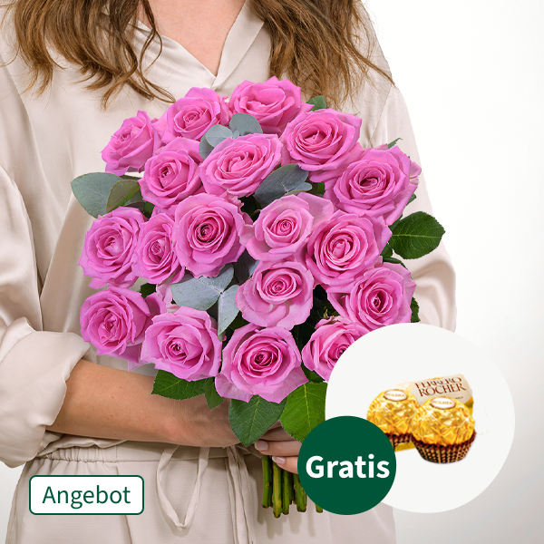 18 rosa Rosen mit Eukalyptus mit 2 Ferrero Rocher