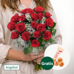 18 rote Rosen mit Schleierkraut mit Ferrero Giotto 3er