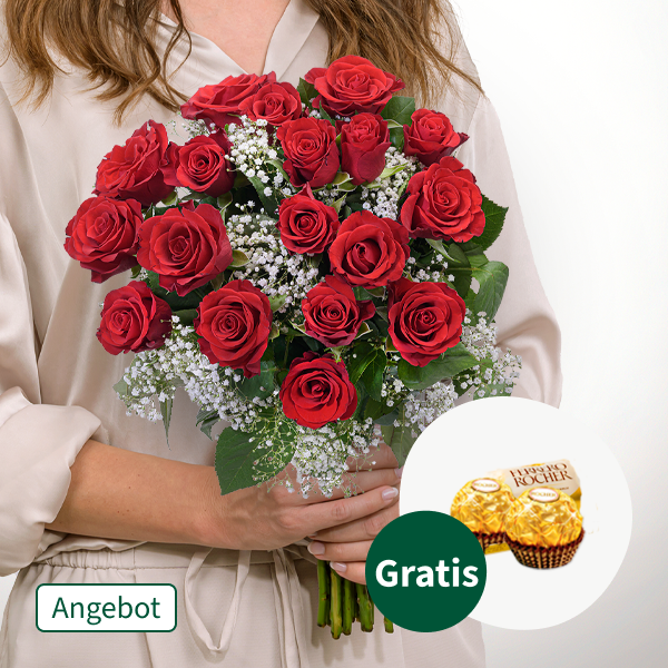 18 rote Rosen mit Schleierkraut mit 2 Ferrero Rocher